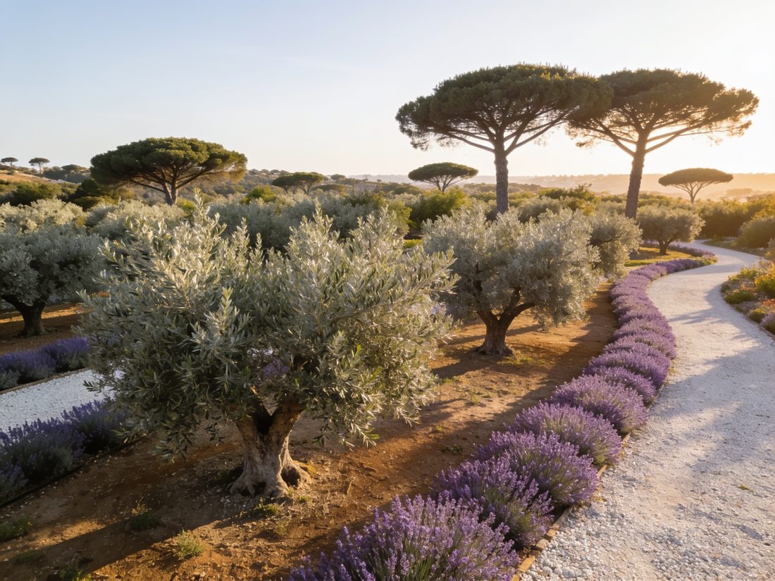 Olive grove with lavender and gravel paths