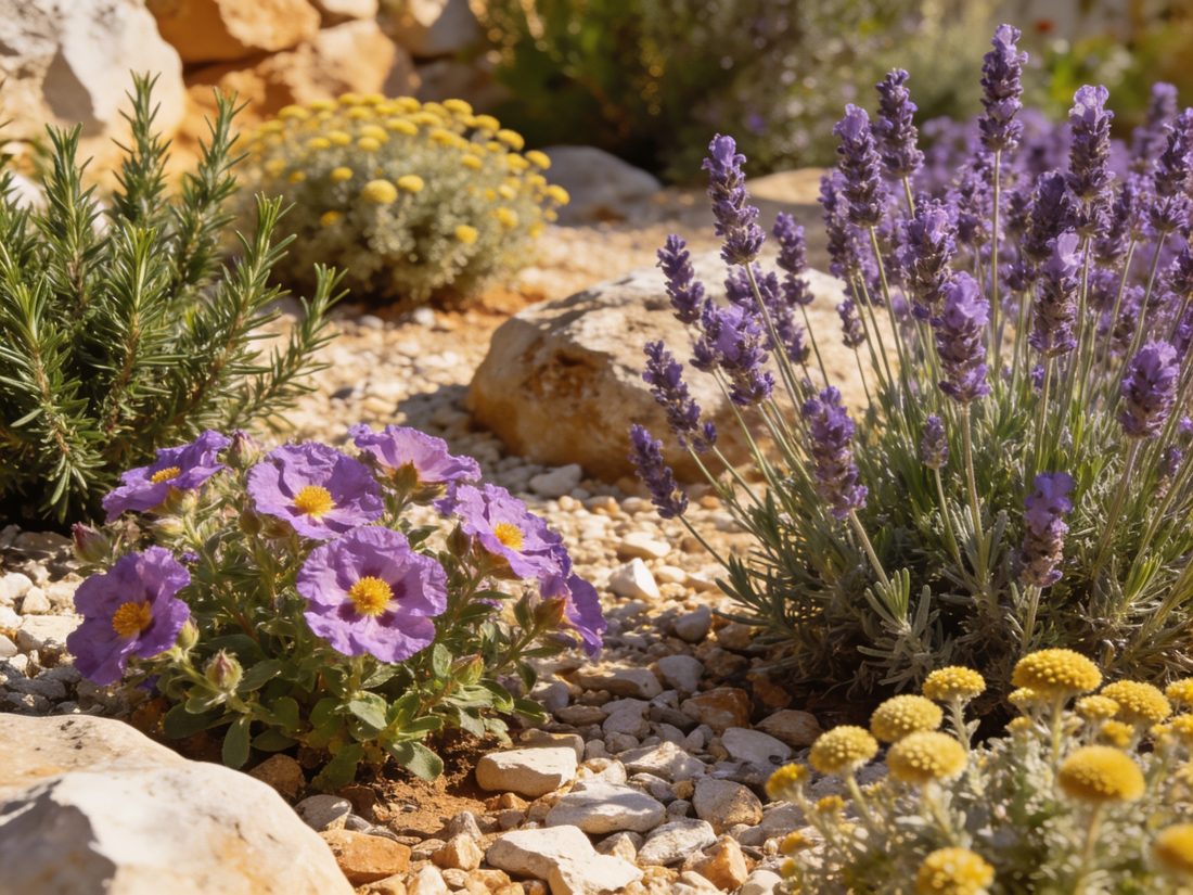 Mediterranean dry garden with lavender, cistus and stone